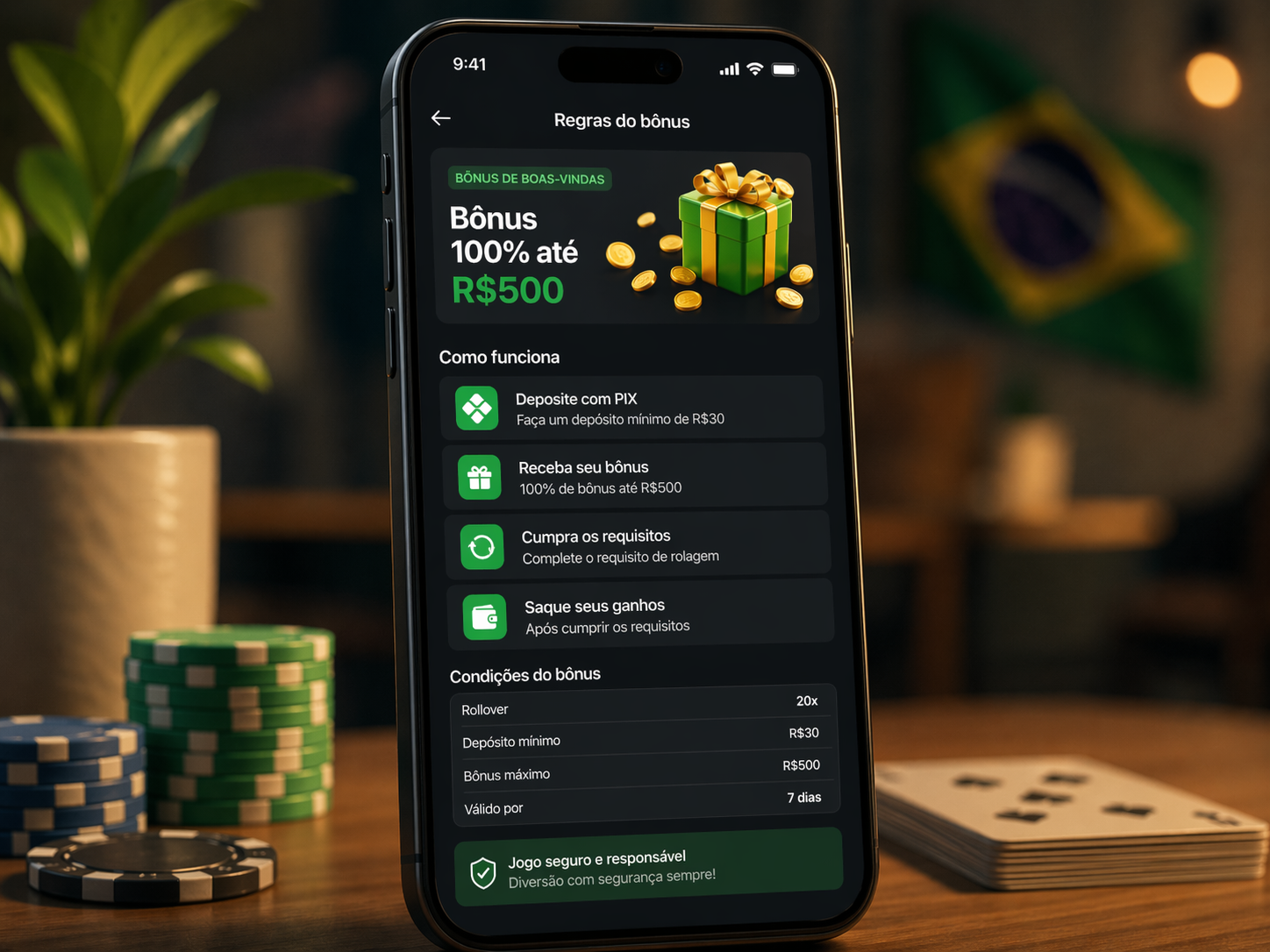 Tela mobile mostrando regras claras de bônus em cassino online