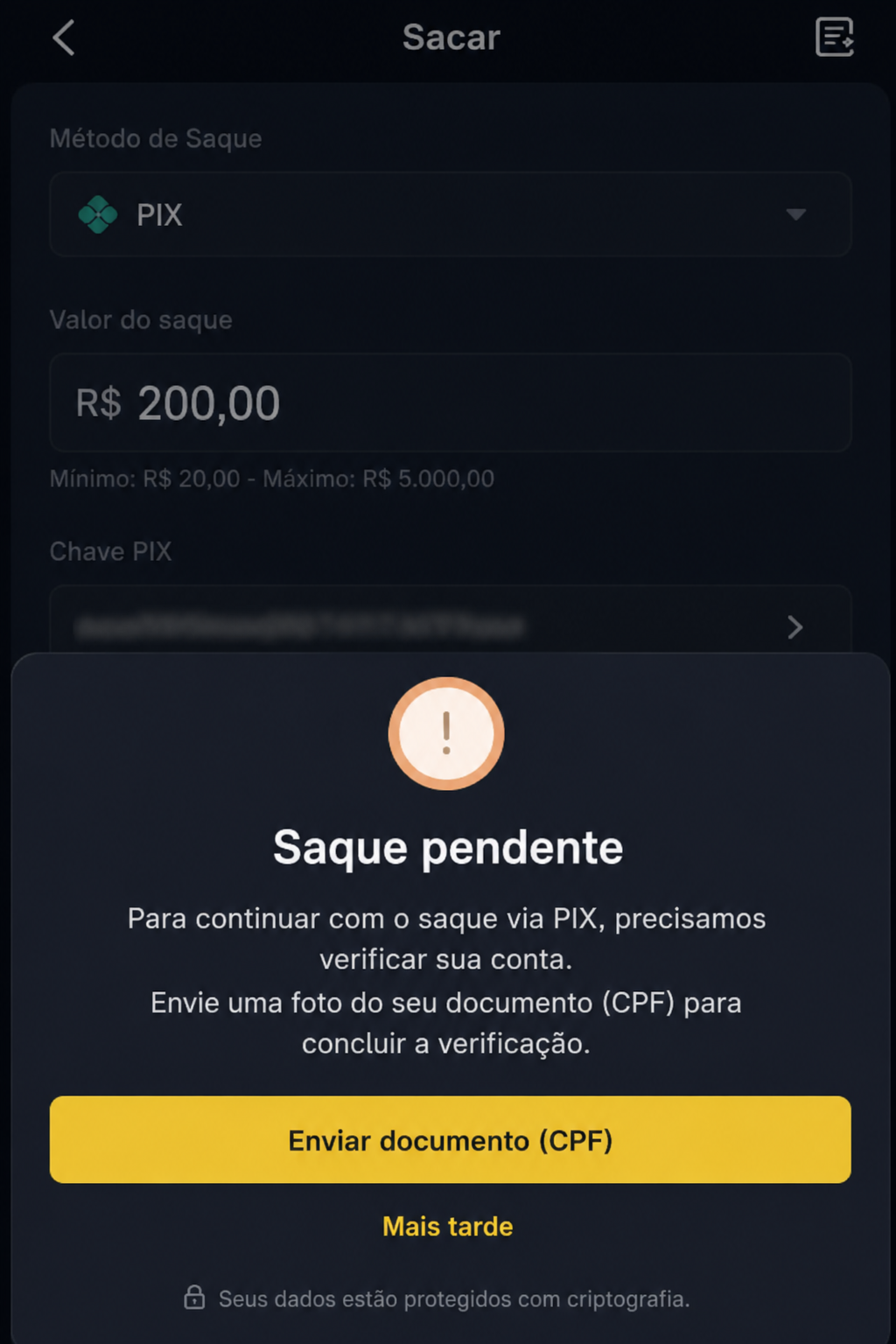 Cassino pedindo CPF antes do saque via PIX