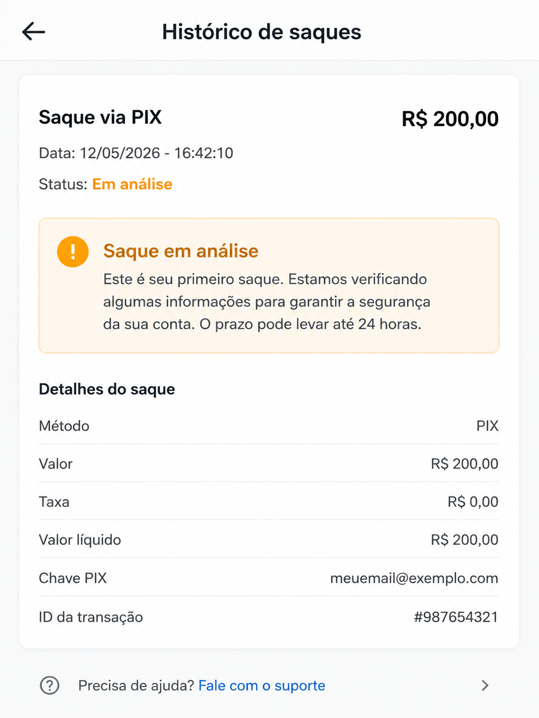 Suporte confirmando saque PIX