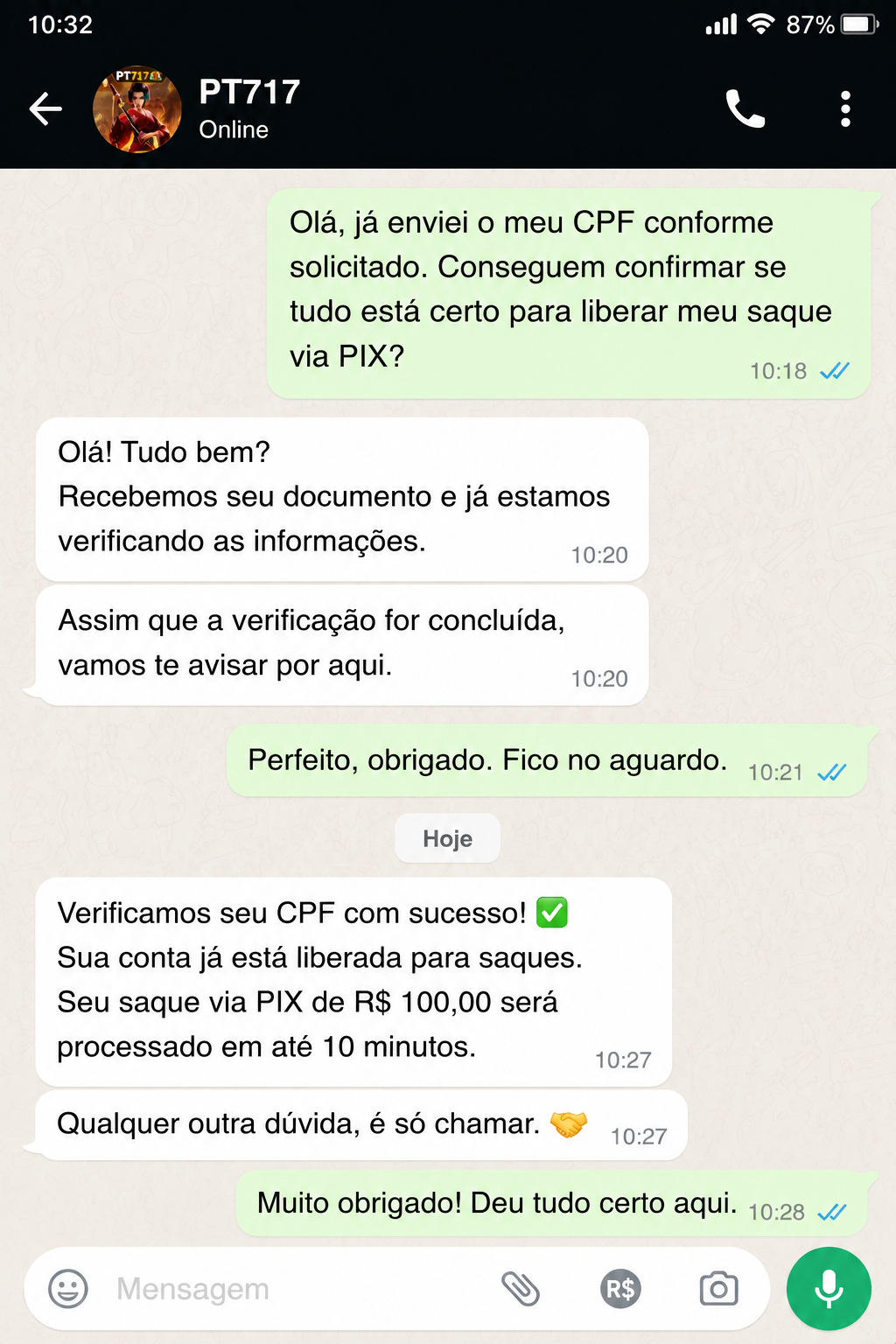 Conversa com suporte PT717 sobre verificação de CPF