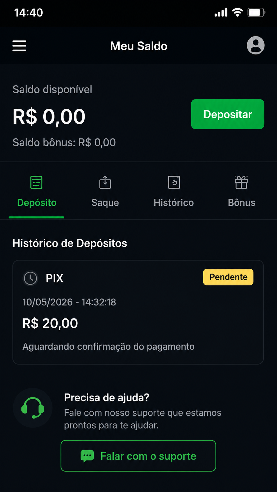Saldo pendente após depósito via PIX