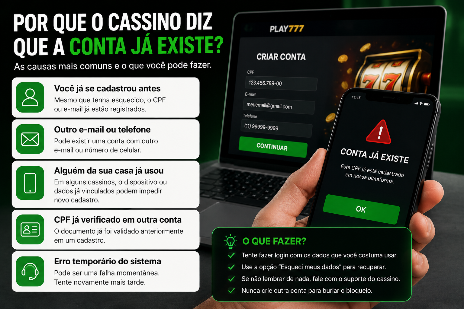 Possíveis motivos para o cassino informar que a conta já existe