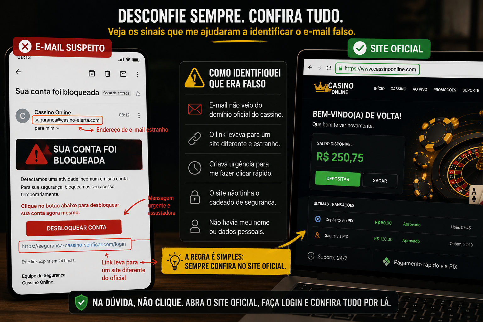 Como confirmei que o e-mail não era confiável