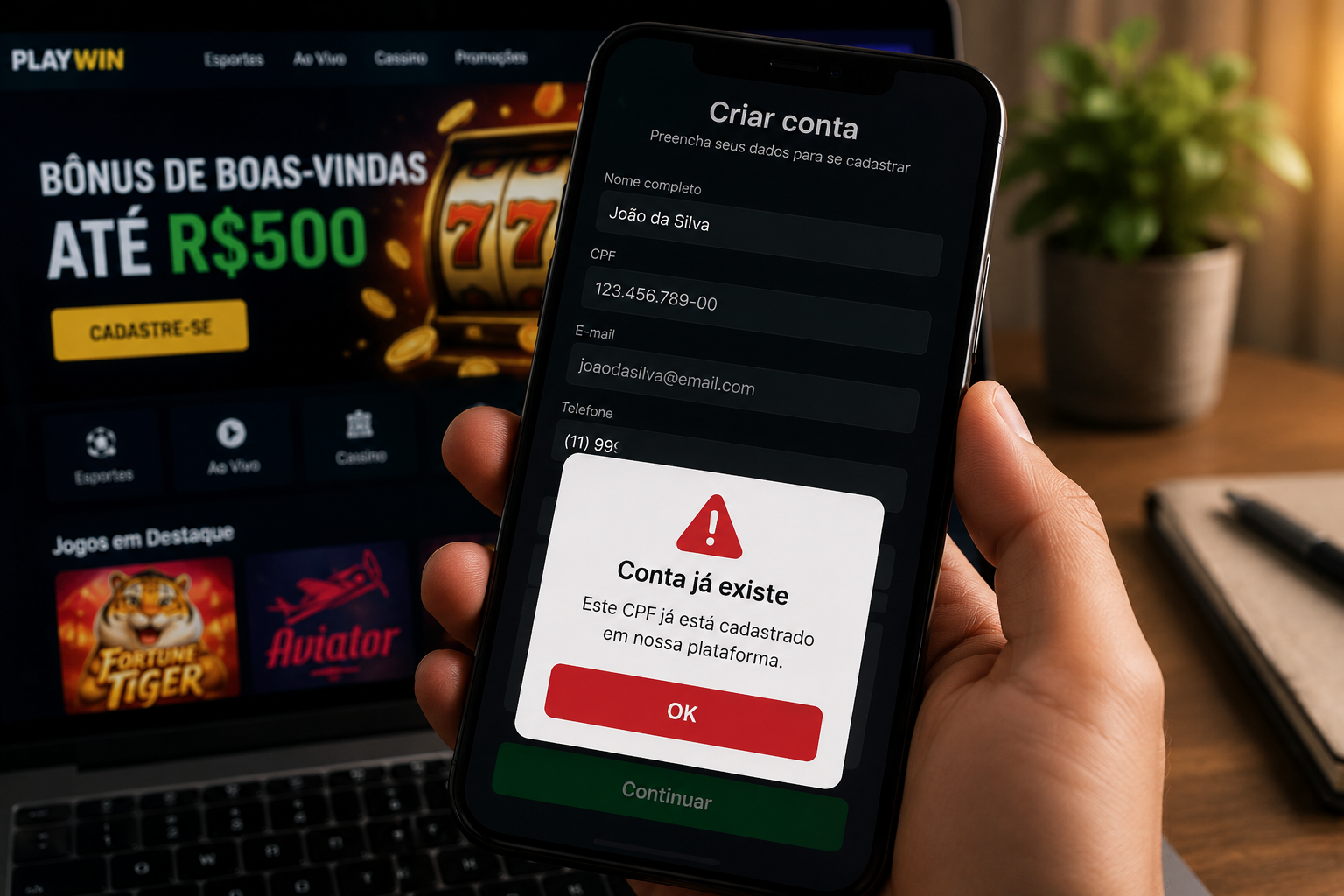 Mensagem informando que a conta já existe durante o cadastro em um cassino online