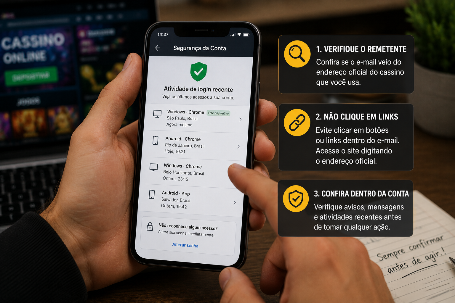 Verificando a segurança da conta antes de trocar a senha