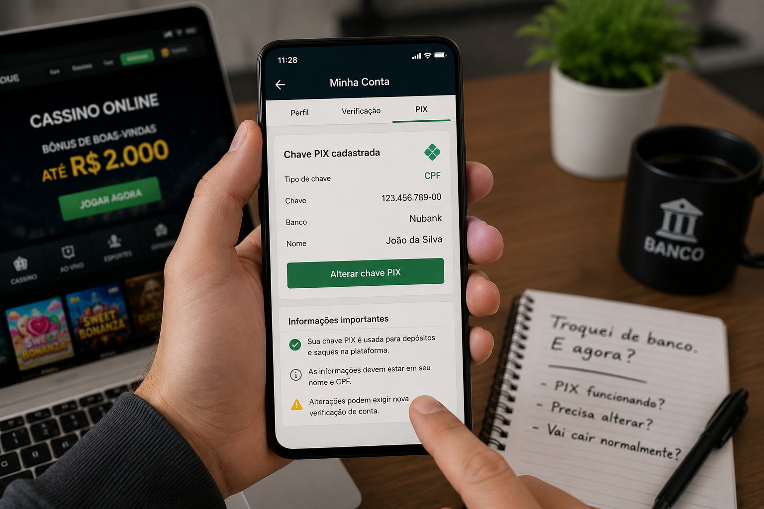 Troca de banco e chave PIX cadastrada no cassino