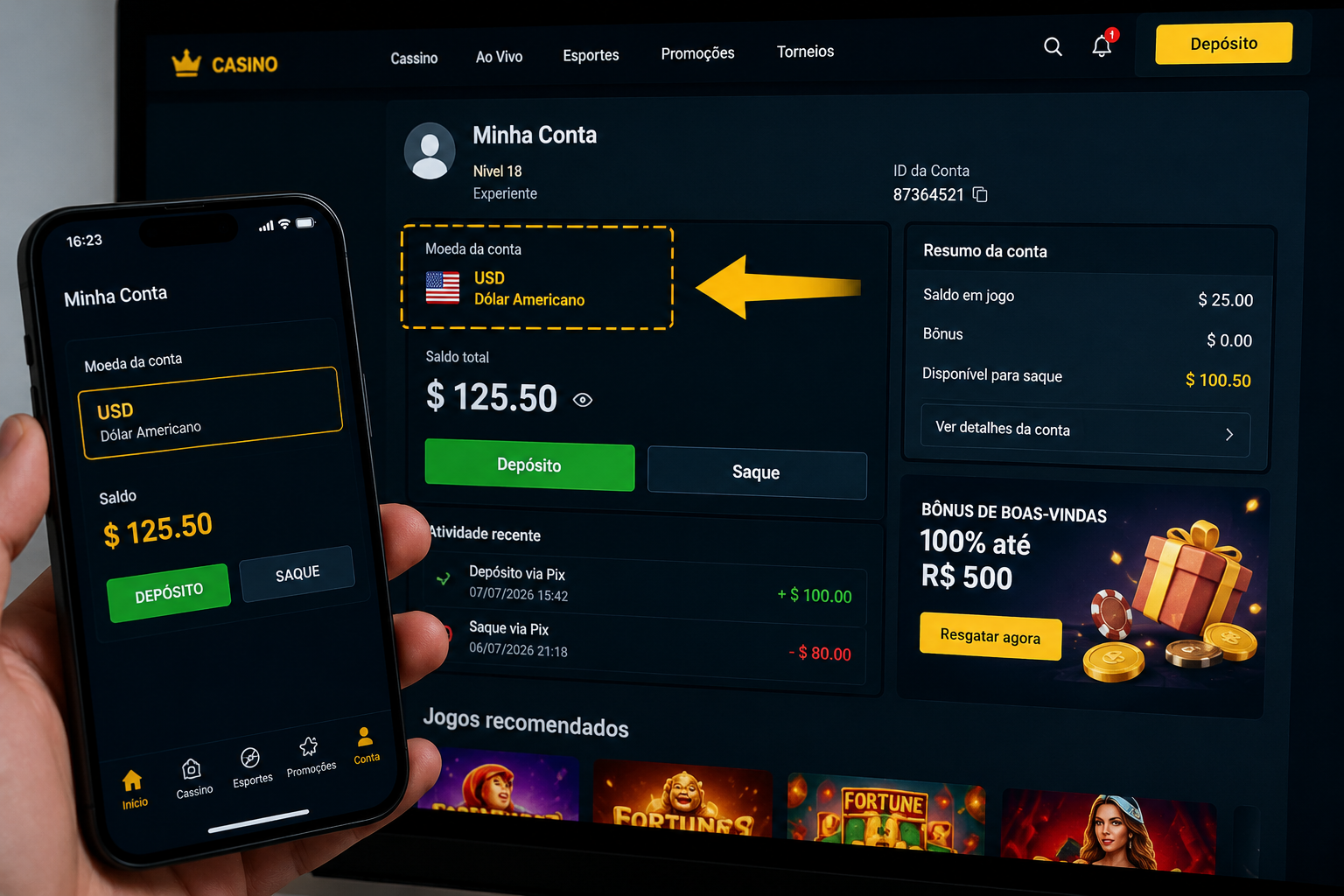 Conta de cassino exibindo moeda diferente nas configurações