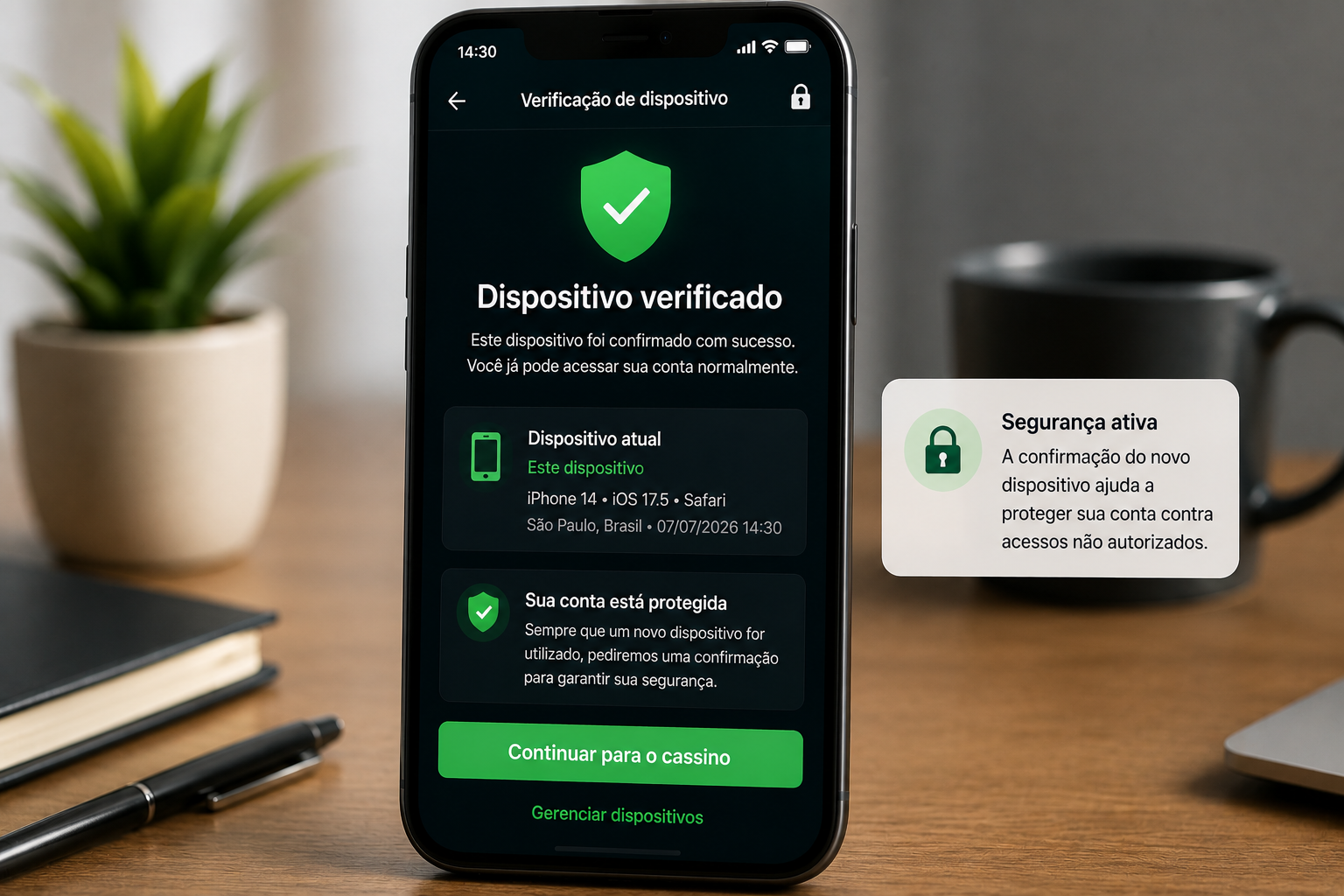 Cassino pediu para confirmar um novo dispositivo após trocar de celular