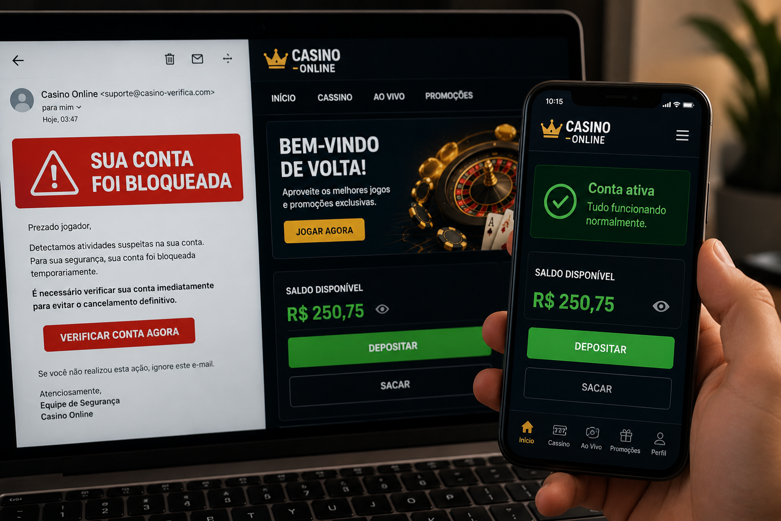 Comparando o e-mail recebido com o acesso normal ao cassino