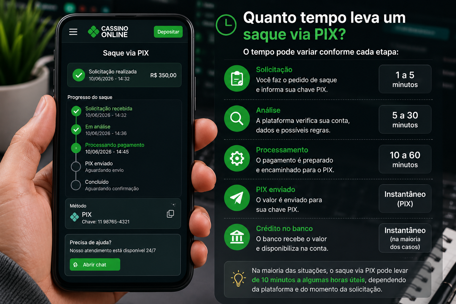 Quanto tempo demora um saque via PIX em cassino online